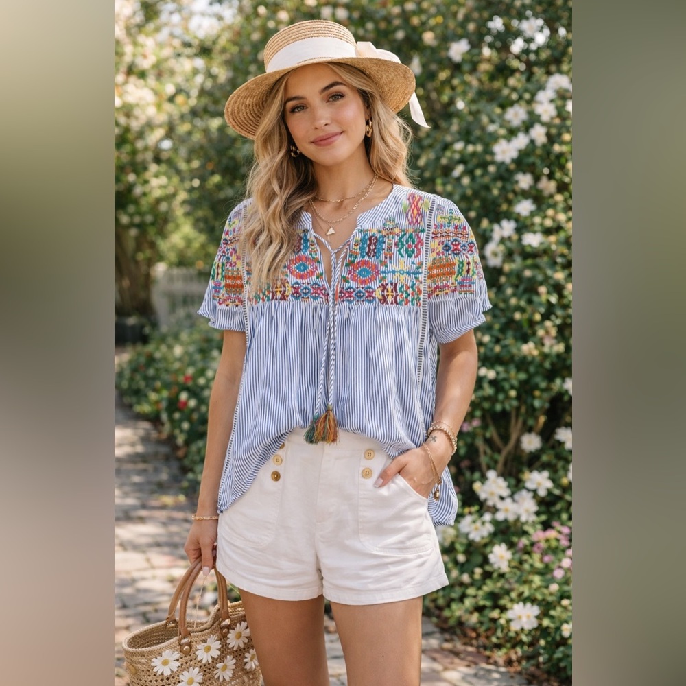 Jodifl Striped Multicolor Embroidered Top
SM short sleeve lightweight boho